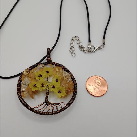 Citrine Tree of Life Pendant Necklace | Handmade | Faux Leather Cord 20"+2" NEW - Picture 2 of 2